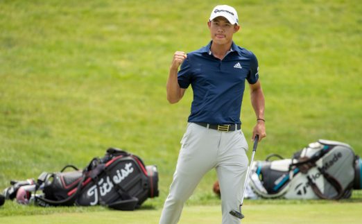 Jul 12, 2020; Dublin, Ohio, USA; Collin Morikawa pumps his fist after matching birdie putts with Justin Thomas on the first playoff hole of the final round of the Workday Charity Open. Mandatory Credit: Adam Cairns-The Columbus Dispatch via USA TODAY NETWORK /Sipa USA