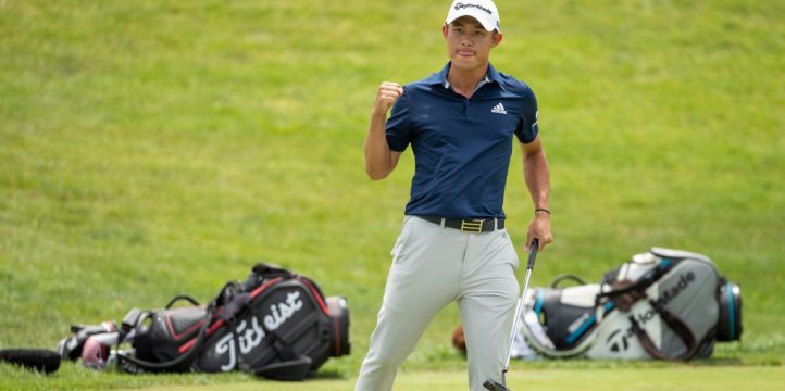 Jul 12, 2020; Dublin, Ohio, USA; Collin Morikawa pumps his fist after matching birdie putts with Justin Thomas on the first playoff hole of the final round of the Workday Charity Open. Mandatory Credit: Adam Cairns-The Columbus Dispatch via USA TODAY NETWORK /Sipa USA