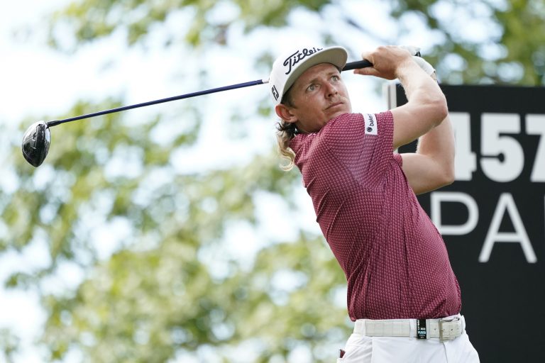 Cameron Smith watches his tee shot on the fourth hole during the final round of the LIV Golf Invitational-Chicago tournament on Sunday