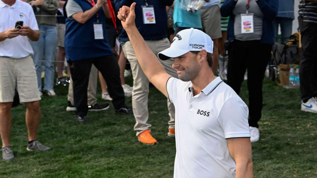 Thomas Detry celebrates victory at the WM Phoenix Open