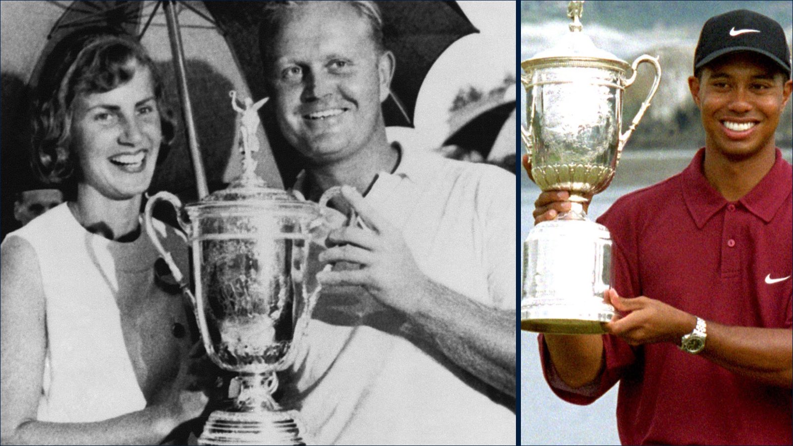 Jack Nicklaus and Tiger Woods both pose with one of many of their major trophies