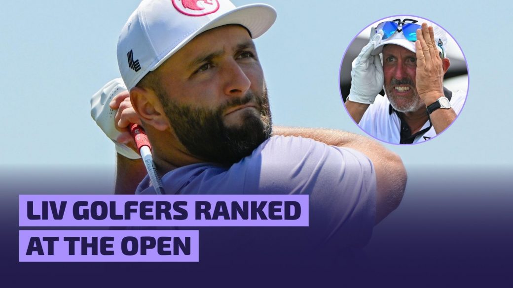 Jon Rahm swings his driver as Phil Mickelson (inset) looks on