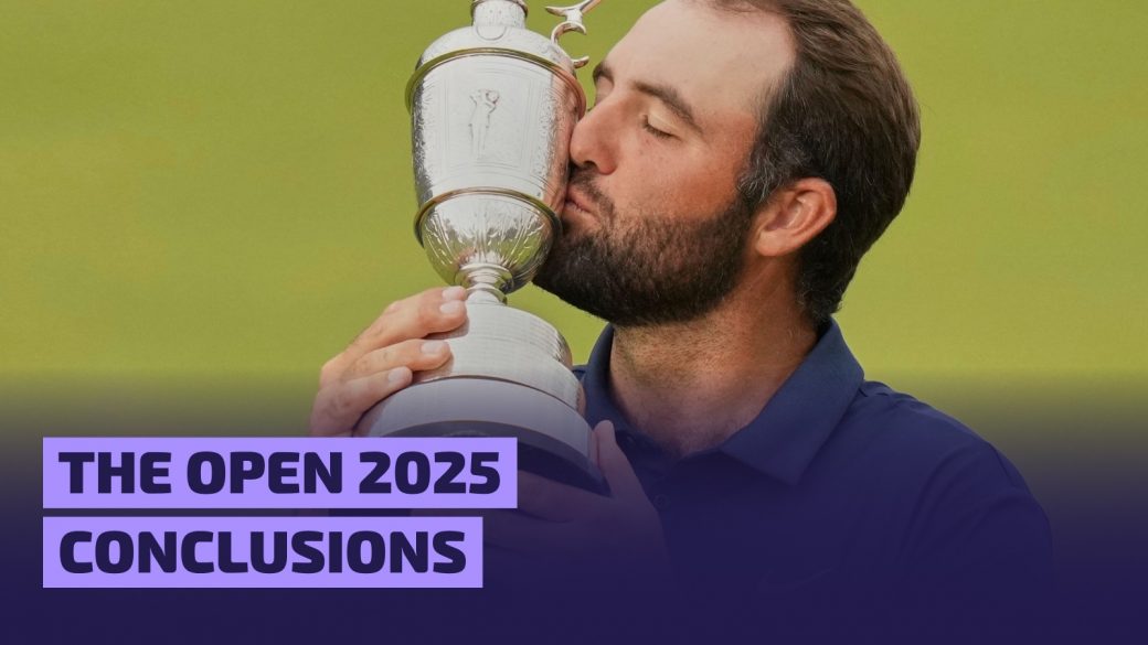 Scottie Scheffler of the United States kisses the trophy as he poses for photographers with the Claret Jug after winning the British Open