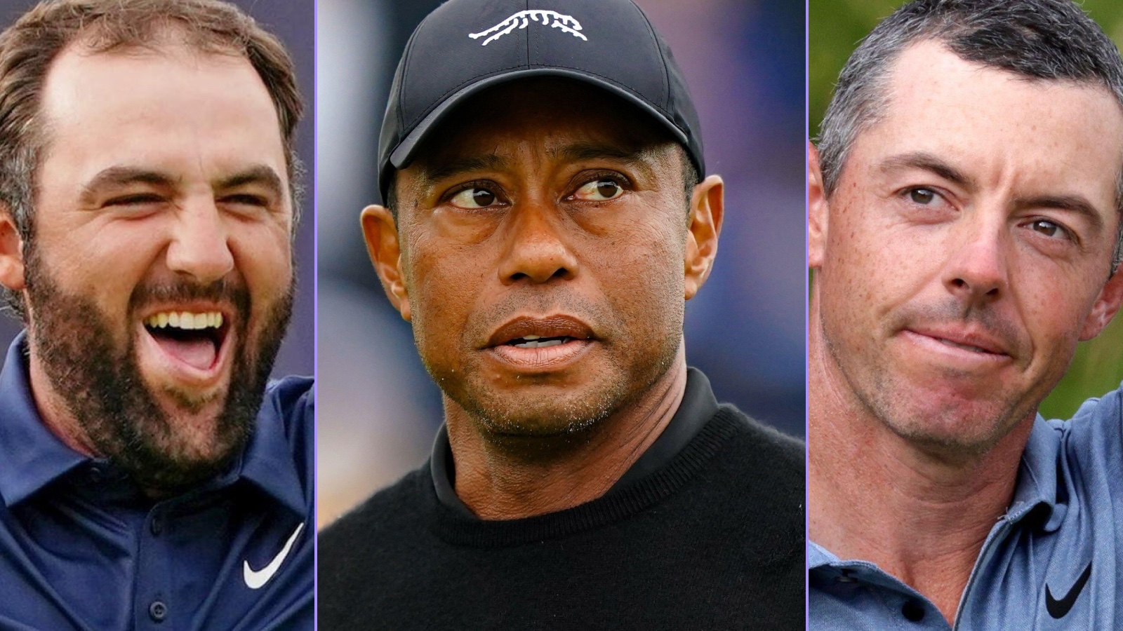 Scottie Scheffler, Tiger Woods and Rory McIlroy in a three-panelled image