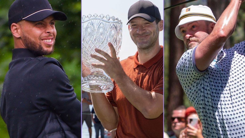 A three-panelled image including Steph Curry, Tony Romo and Justin Timberlake