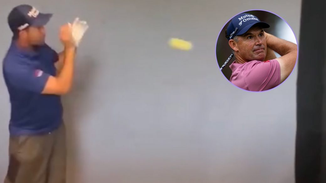 Padraig Harrington demonstrates his easy tennis ball drill that helps straighter golf swings.