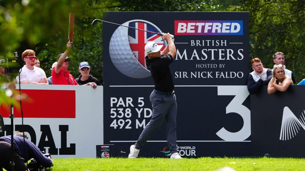 Alex Noren hits his tee shot at British Masters.