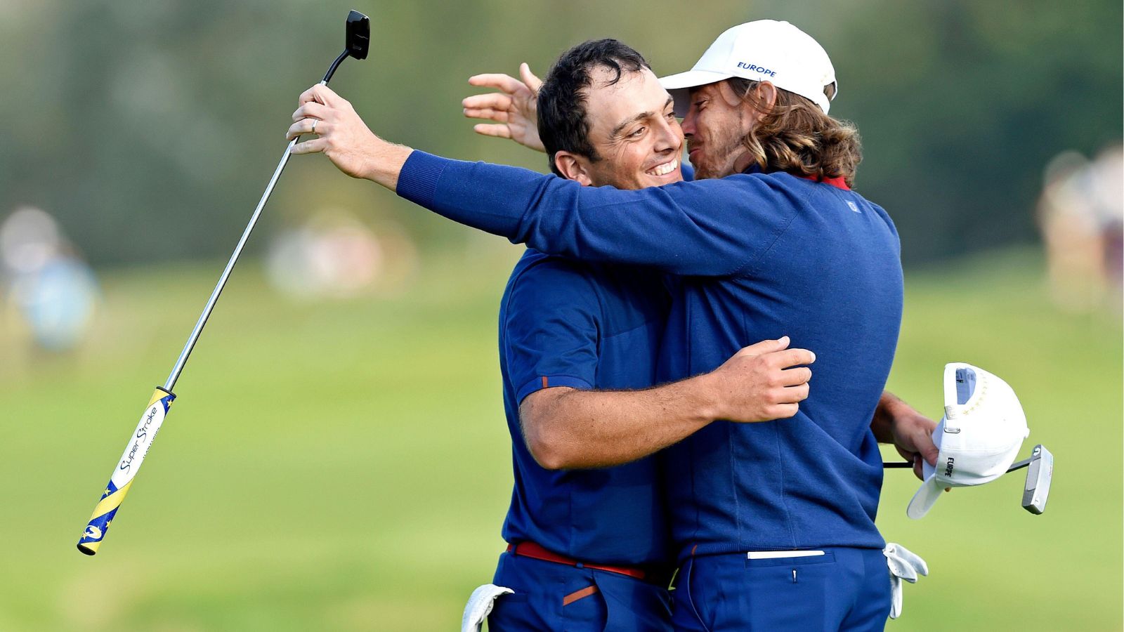 Tommy Fleetwood and Francesco Molinari celebrate their win at Ryder Cup 2018 in Paris.