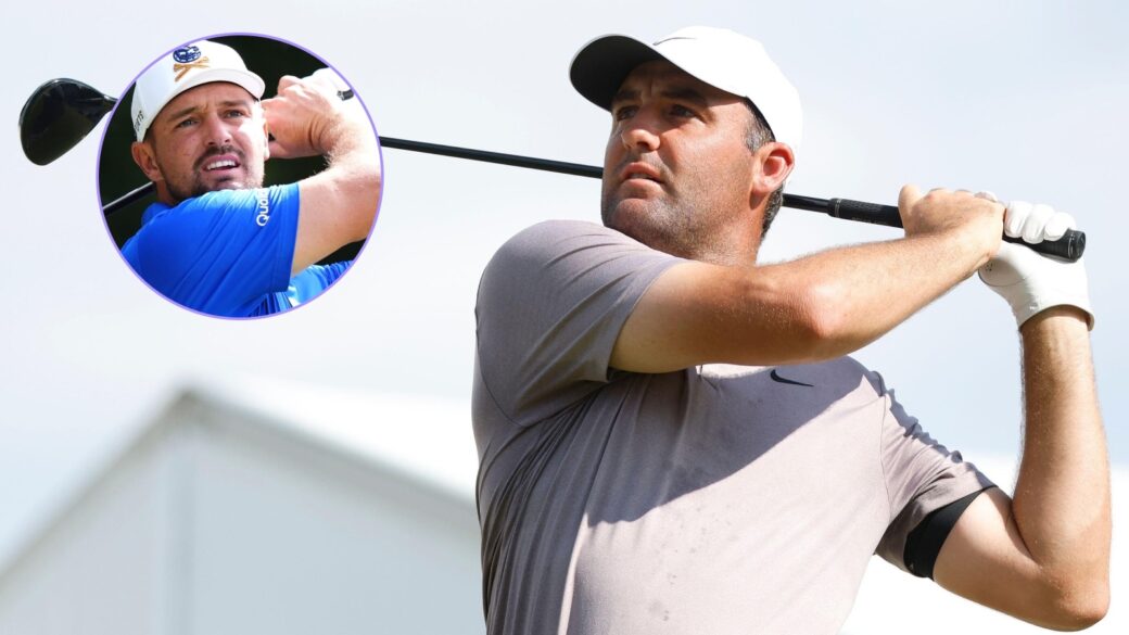 Scottie Scheffler takes a swing with Bryson Dechambeau pictured inset