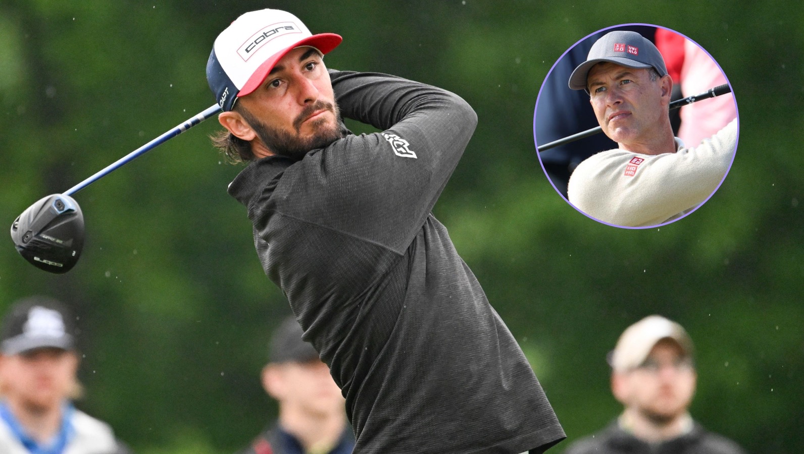Max Homa swings his club with Adam Scott in the inset picture