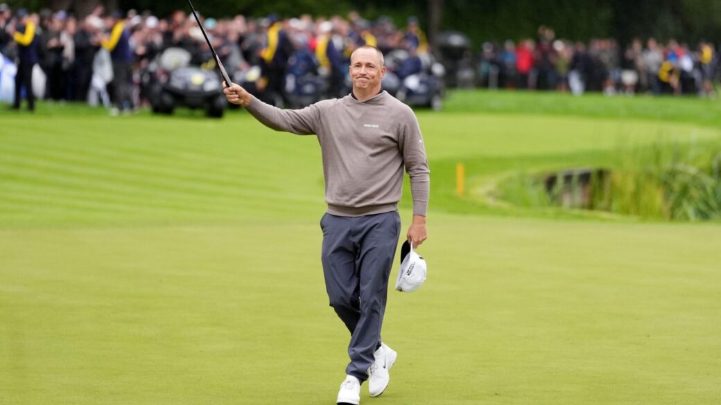 Alex Noren celebrates winning the play off in final round of 2025 BMW PGA Championship at Wentworth