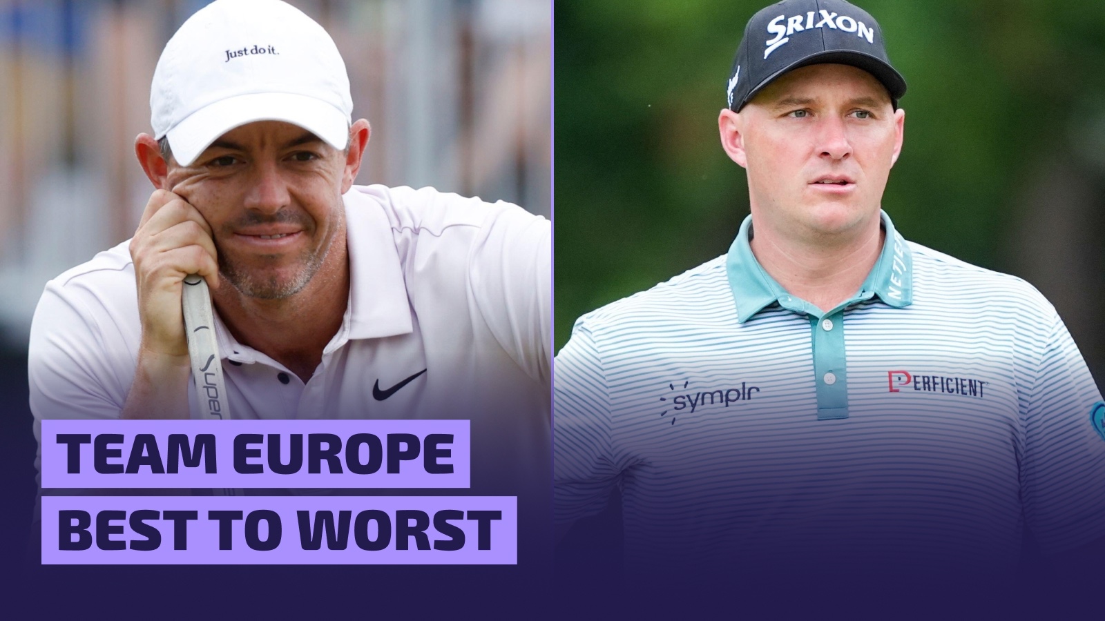 Rory McIlroy lines up a putt as Sepp Straka eyes up a fairway