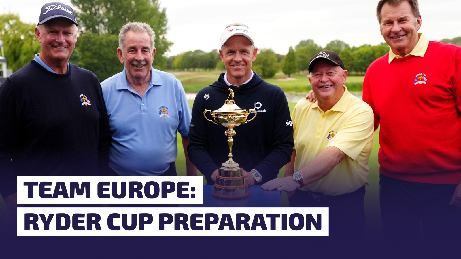 Sandy Lyle, Sam Torrance, Luke Donald, Ian Woosnam and Sir Nick Faldo pose with the Ryder Cup