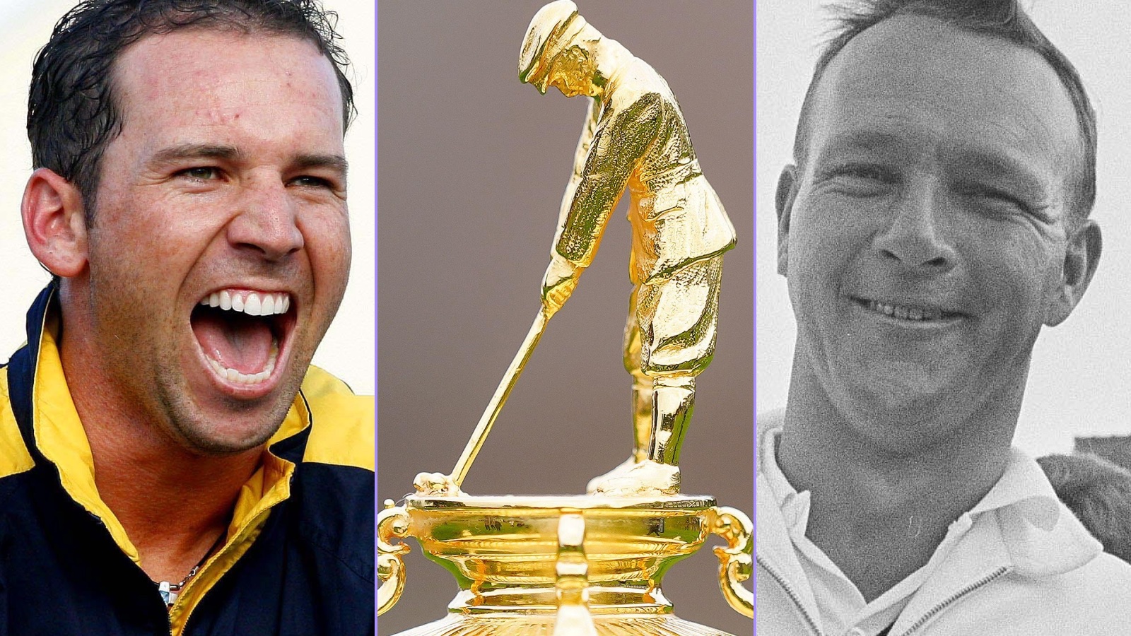Sergio Garcia in a triptych image alongside the Ryder Cup trophy and Arnold Palmer