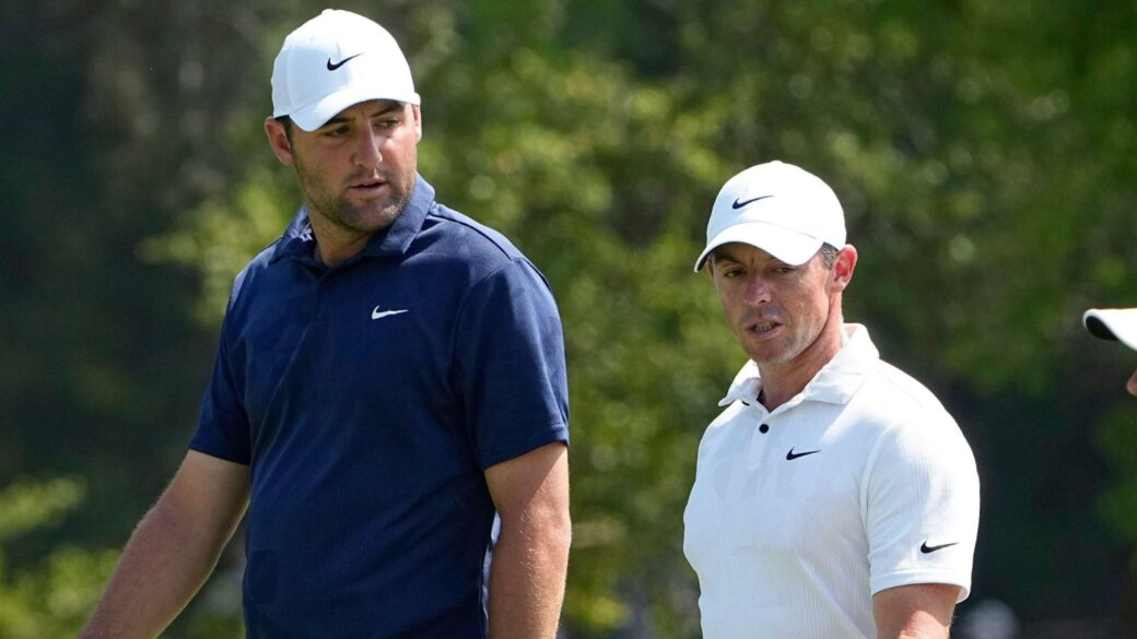 Scottie Scheffler and Rory McIlroy pictured at the Dell Technologies Match Play Championship golf tournament in Austin, Texas
