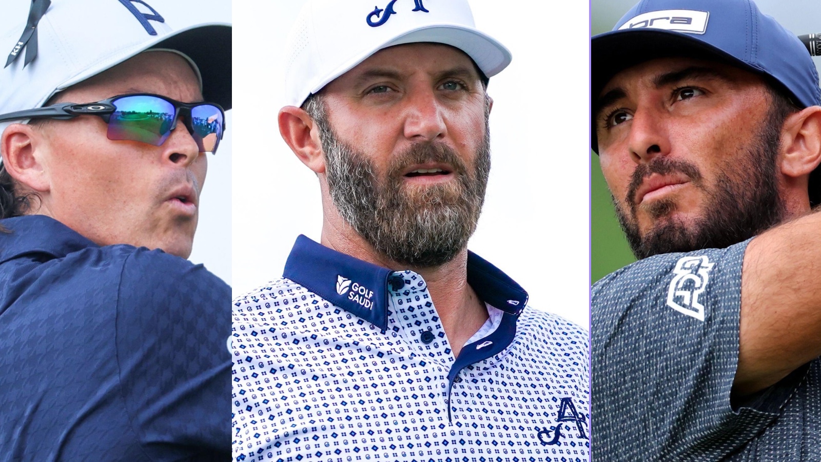 A three-panelled image featuring Rickie Fowler, Dustin Johnson and Max Homa