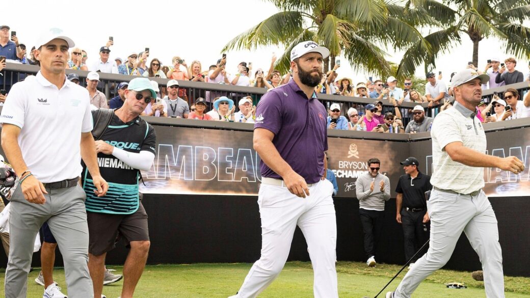 Captain Joaquín Niemann of Torque GC, Captain Jon Rahm of Legion XIII and Captain Bryson DeChambeau of Crushers GC walk off the first tee during the first round of LIV Golf Miami at Trump National Doral