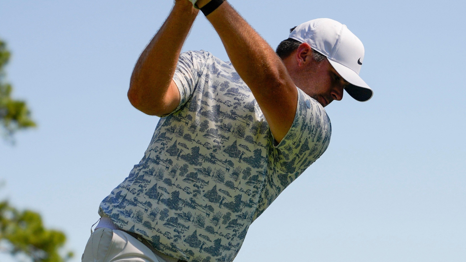 Chris Gotterup hits his tee shot on the ninth hole during the third round of the Masters golf tournament at the Augusta National Golf Club