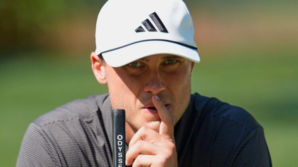 Ludvig Åberg, of Sweden, prepares to putt on the 11th hole during the second round at the RBC Heritage golf tournament
