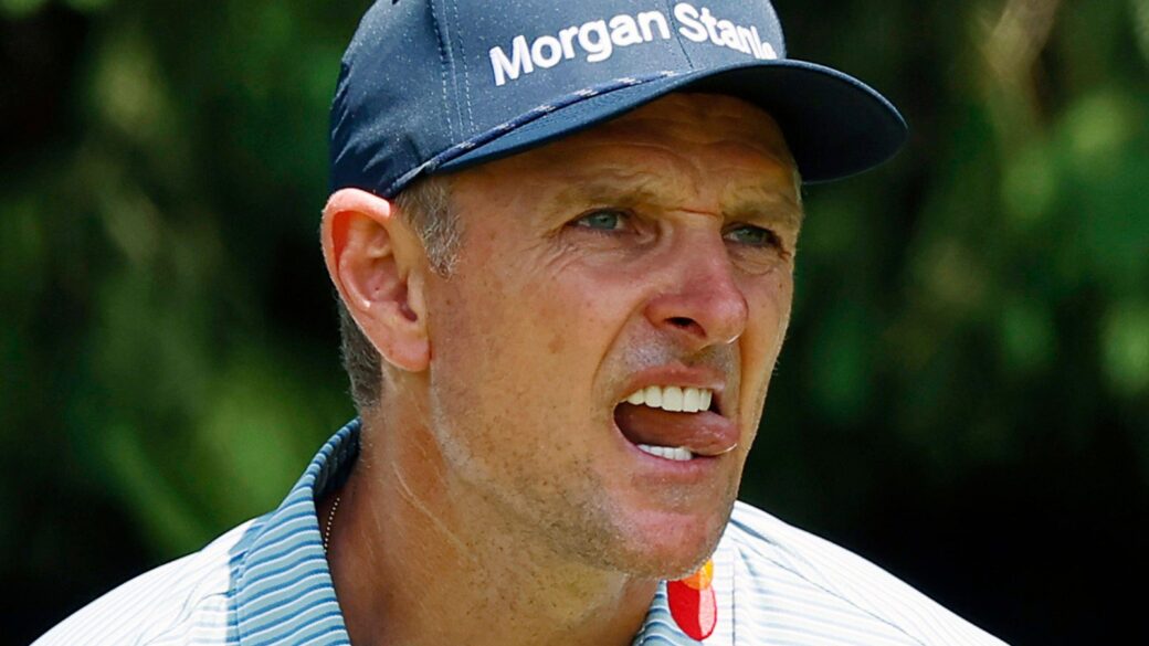 Justin Rose of England watches his drive after teeing off on the 4th hole during the final round of the 2026 PGA Championship at Aronimink Golf Club